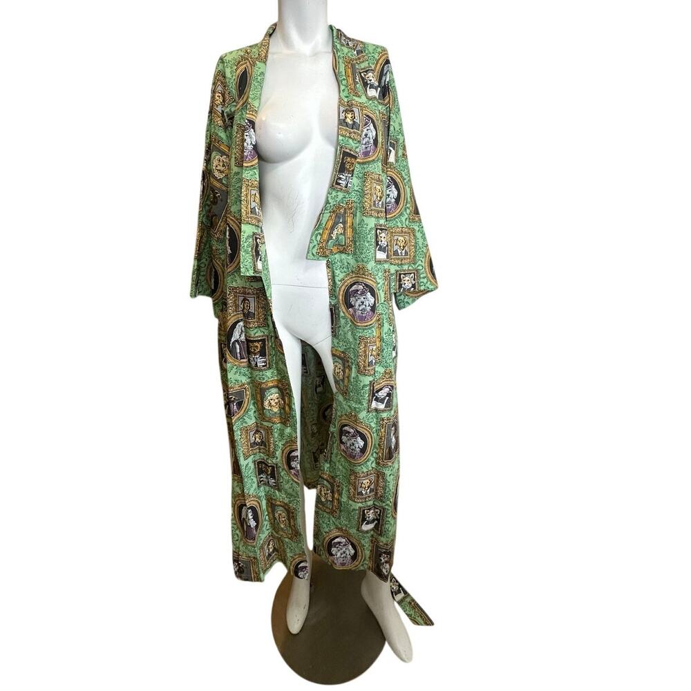 Printfresh Robe L/XL Organic Cotton Dog Print Kimono Green Belted Lounge - Picture 4 of 13